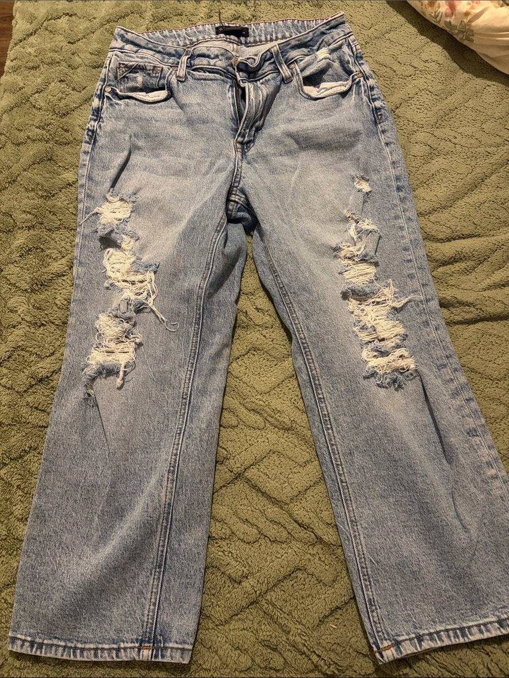 Light Wash Distressed Boyfriend Jeans - Mid Rise